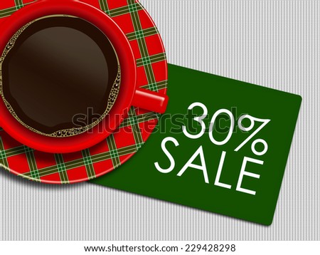 checkered christmas coffee and discount card lying on white tablecloth