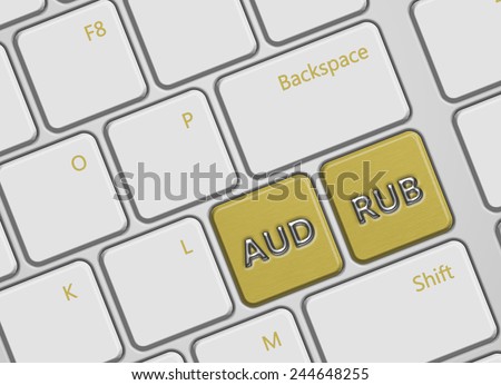 closeup of computer keyboard with australian dollar and russian ruble buttons