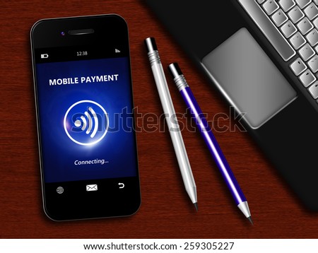 mobile phone with mobile payment, laptop and office tools lying on desk