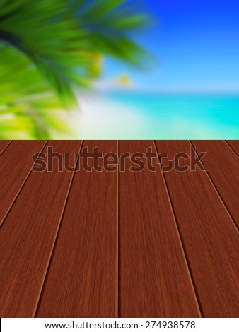 wooden terrace,  riviera coast and tropical palms as background with place for text
