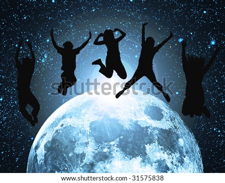 abstract moon in space with silhouette of jumping people