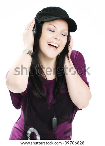 smiling woman with headphones and radio listening music