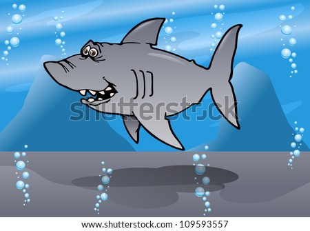 illustration of a cartoon gray reef shark on sea background