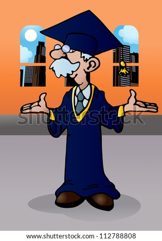 illustration of a  doctoral graduation for a happy old man on room background