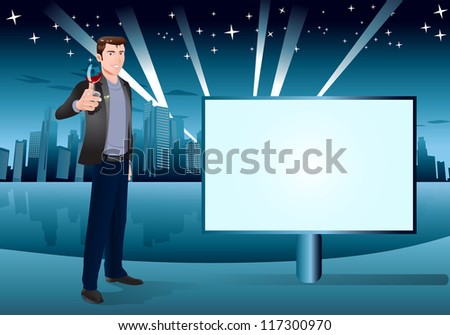 illustration of a cheerful businessman holding beverage near blank sign on city background