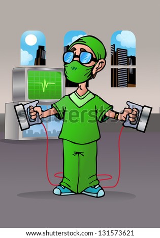 illustration of a kind and friendly doctor ready to use heart pacemaker machine on hospital