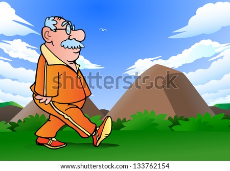illustration of a grandpa doing jogging  on nature