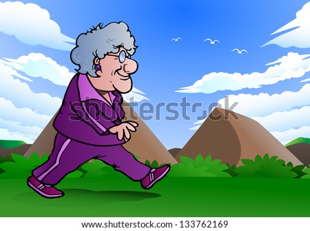 illustration of a grandma doing jogging  on nature