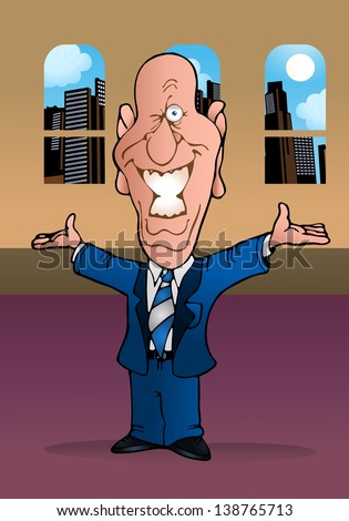 illustration of a flirtatious bald businessman on office background
