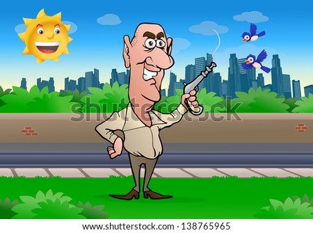 illustration of a bald man hold gun in city background