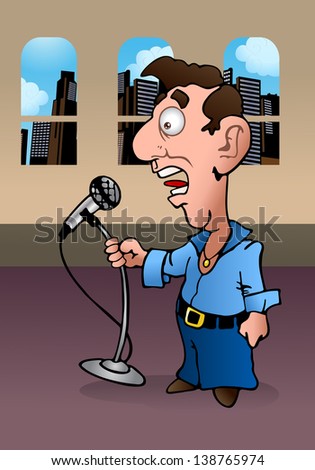 illustration of a weird man holding microphone reporting the news on office background