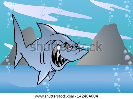 illustration of a cartoon grey hideous Shark on sea background