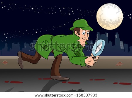 illustration of a sherlock holmes detective search something in night