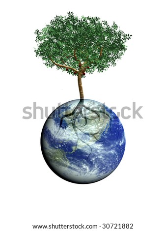 a tree grow on top of earth and ocean ; computer generate image