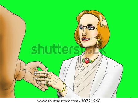 bussiness woman hand shake isolated- hand shake in front of a green background