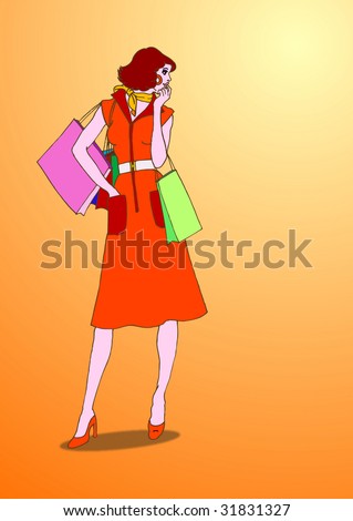 stock photo : red haired cartoon girl with shopping bag on orange background