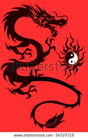 stock photo : Dragon and yin yang symbol vector illustration isolated on red 