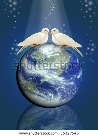 two pigeon standing on top of the Earth and ocean; computer generate image