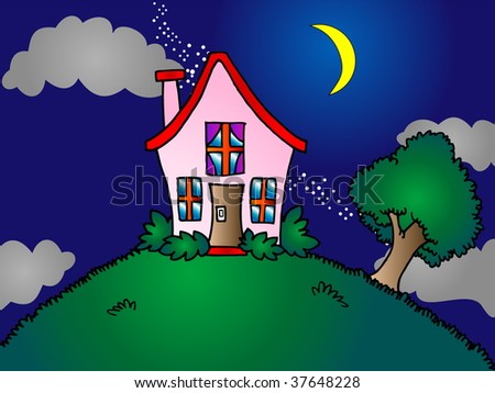 old historic house on top of the hill at night, unnatural look