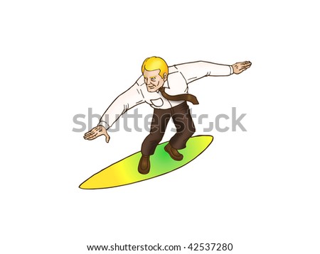 a Businessman surfing on surf board against white background