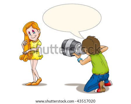 Young adult female model being photographed in isolated white background by young adult  male photographer