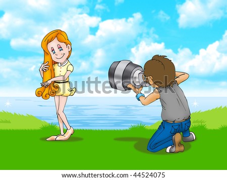 Young adult female model being photographed in nature  background by young adult  male photographer