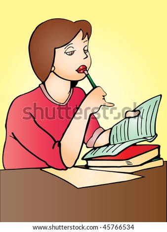 brown haired cartoon  woman  reading on desk
