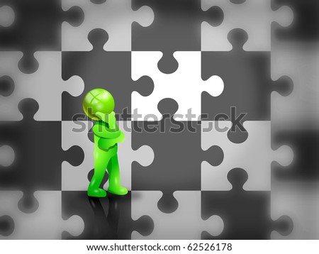 green man thinking about a missing piece of a puzzle