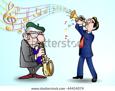 two man in suit  playing saxophone and trumpet melody over music background