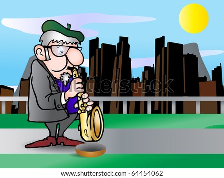 old man in suit  playing saxophone melody over city background