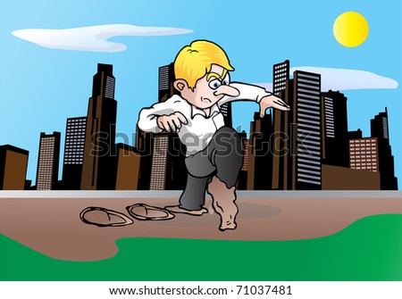 illustration of a blond blue eyed businessman walking in the mud in the  garden
