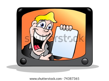 illustration of a male TV commercial presenter on television  holding blank bulletin
