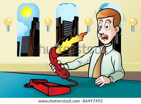 illustration of a business boss angry over his employer taking conversation on the phone, on office background