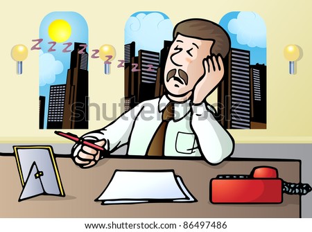 illustration of a tired businessman fall a sleep over work place