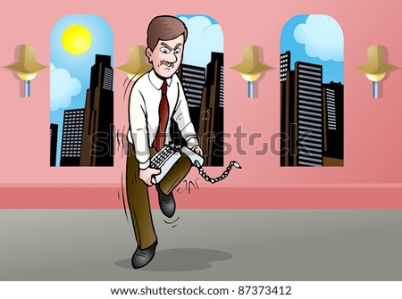 illustration of an angry businessman broke a keyboard into half on the office