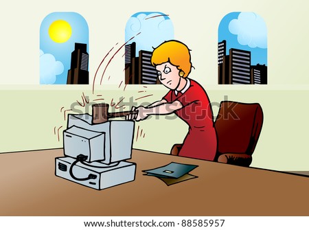 illustration of a business woman with hammer destroying computer in the office