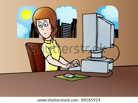 illustration of a business woman working with computer in the office