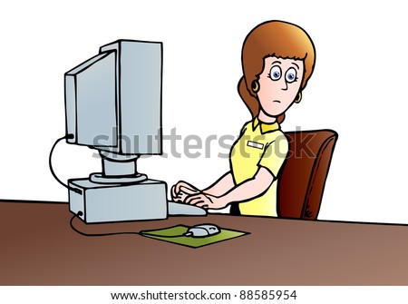 illustration of a business woman working with computer in the office