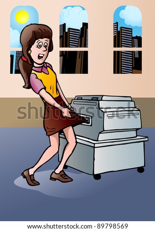 illustration of a business woman with copy machine pulling her skirt up  over a  white background