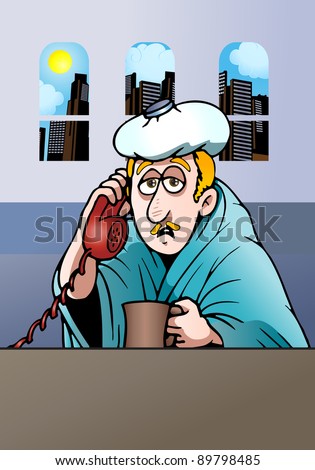 illustration of a sick man having fever calling his office to have permit not to work today