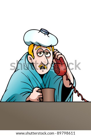illustration of a sick man having fever calling his office to have permit not to work today over a  white background