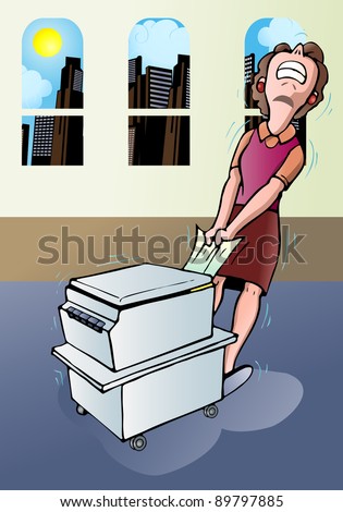 illustration of a delicate businesswoman pull a paper jammed from a copy machine