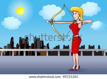 illustration of a pretty girl in red pulling back compound bow