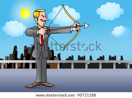 illustration of a businessman pulling back compound bow