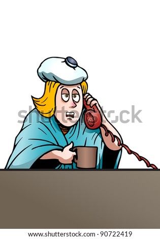 illustration of a sick businesswoman having fever calling her office to have permit not to work today