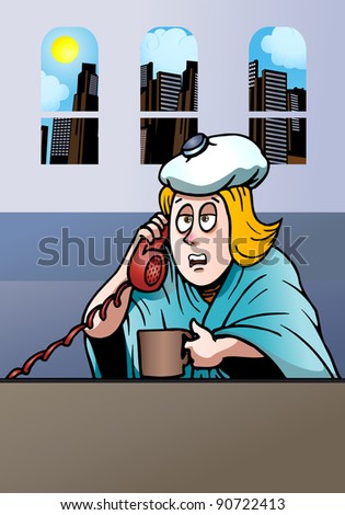 illustration of a sick businesswoman having fever calling her office to have permit not to work today