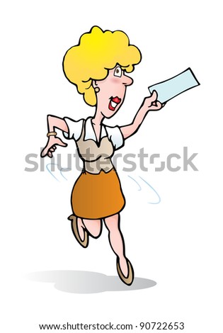 illustration of an excited businesswoman holding blank lottery on isolated white background