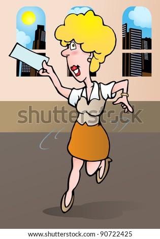 illustration of an excited businesswoman holding blank lottery on office background