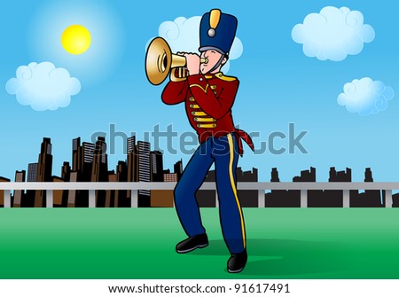 Man in uniform suit standing and playing trumpet melody