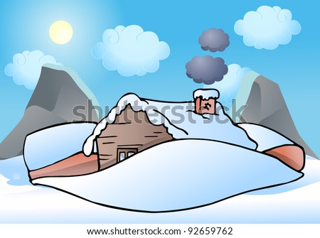 illustration of a little snow house buried under white snow on top of the hill at sunny day